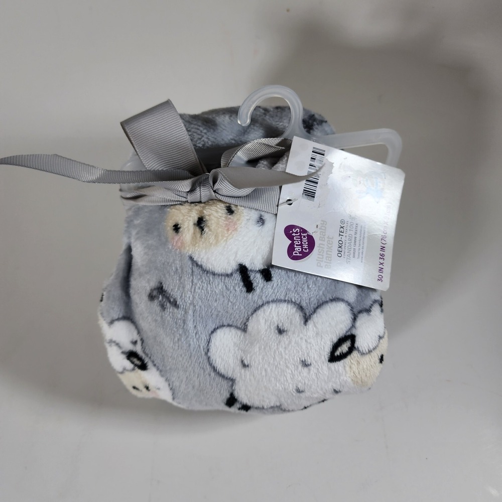 Parent's Choice Very Soft Gray Fleece Baby Blanket White Sheep Lambs 30" x 36"‎